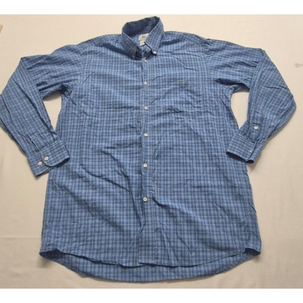 VTG Lacoste men's blue plaid‎ long sleeve button up shirt SM/MD 100% Cotton Logo